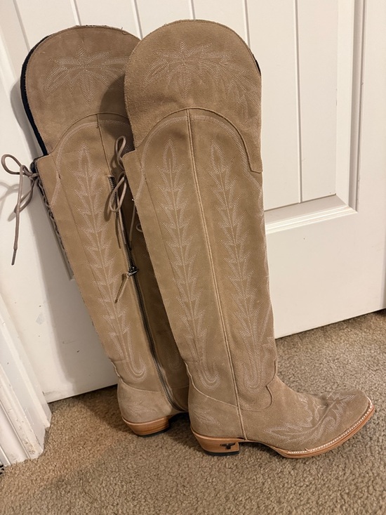 Over-the-Knee Suede Western Boots in Taupe - Picture 2 of 4
